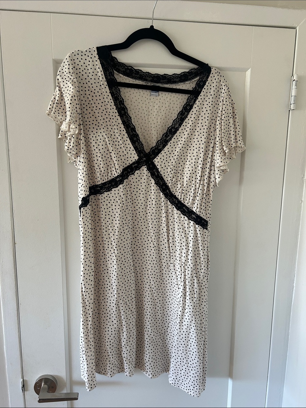 Old Navy Cream Mini Dress with Black Polka Dots and Black Lace Trim